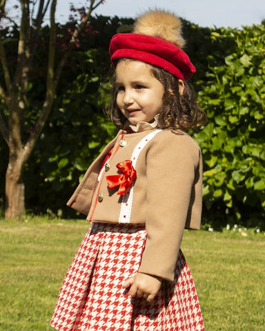 Sonata Infantil AW24 Spanish Girls Red Houndstooth Skirt 4PC Set IN2429 - MADE TO ORDER