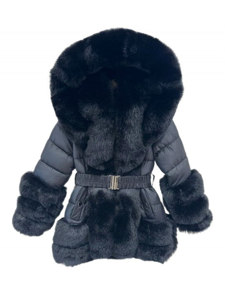 Older Girls AW24 Hooded Fur Puffer Jacket / Coat- Black