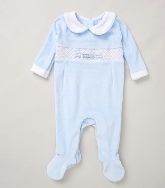 Spanish Baby Boys Blue Smocked Train Velour Sleepsuit/Babygrow ~ 0-9m