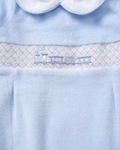 Spanish Baby Boys Blue Smocked Train Velour Sleepsuit/Babygrow ~ 0-9m