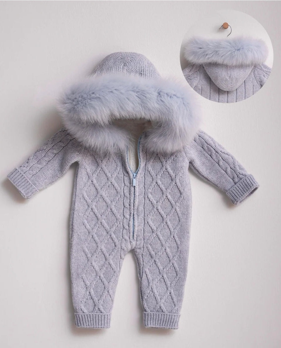 Spanish Baby Boys Blue Chalk Merino Wool Luxury Knitted Snowsuit