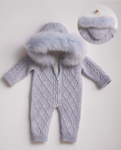 Spanish Baby Boys Blue Chalk Merino Wool Luxury Knitted Snowsuit