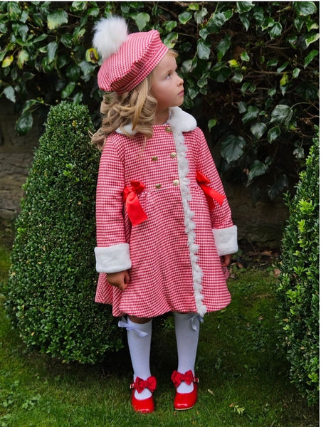 Sonata Infantil Spanish Girls Red & White Padded Houndstooth Coat & Beret 6 Years - IN STOCK NOW