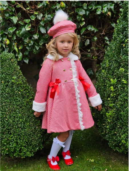 Sonata Infantil Spanish Girls Red & White Padded Houndstooth Coat & Beret 6 Years - IN STOCK NOW