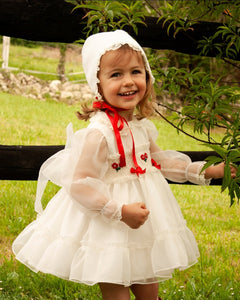 Sonata Infantil White & Red Organza Smocked Puffball Dress - 3y IN STOCK NOW