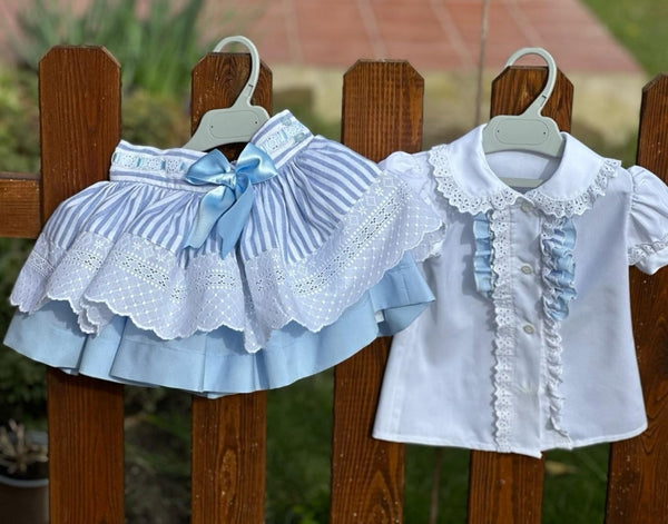 Sonata Infantil Spanish Girls Blue & White Striped Summer Skirt Set M715 - MADE TO ORDER