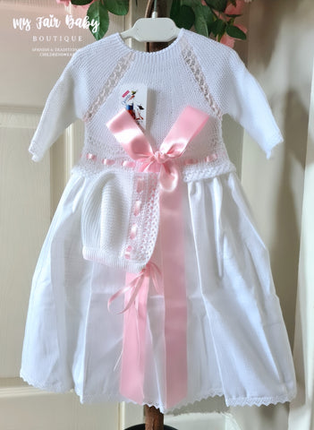 Traditional Spanish Baby Girls White & Pink Half Knit Dress & Bonnet 9406 - NB & 3m