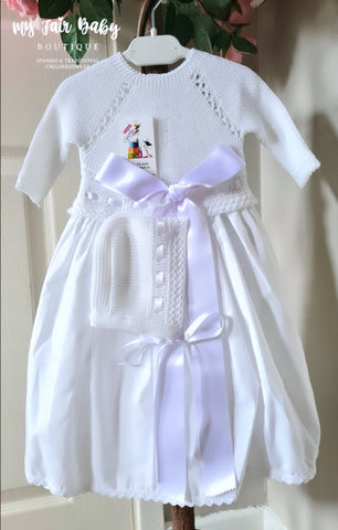 Traditional Spanish Baby Girls White Half Knit Dress & Bonnet 9406 - NB & 3m