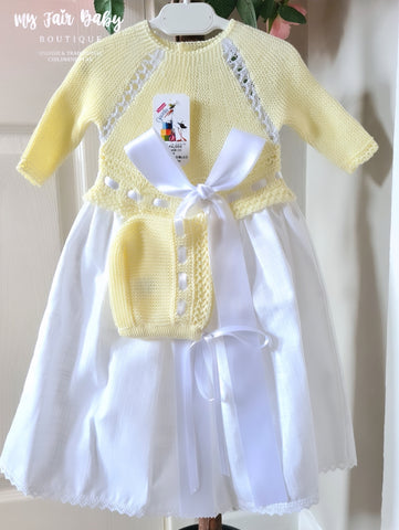 Traditional Spanish Baby Girls Lemon & White Half Knit Dress & Bonnet 9406 - NB & 3m