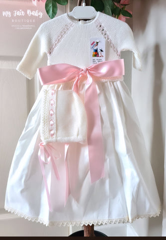 Traditional Spanish Baby Girls Cream & Pink Half Knit Dress & Bonnet 9406 - NB & 3m