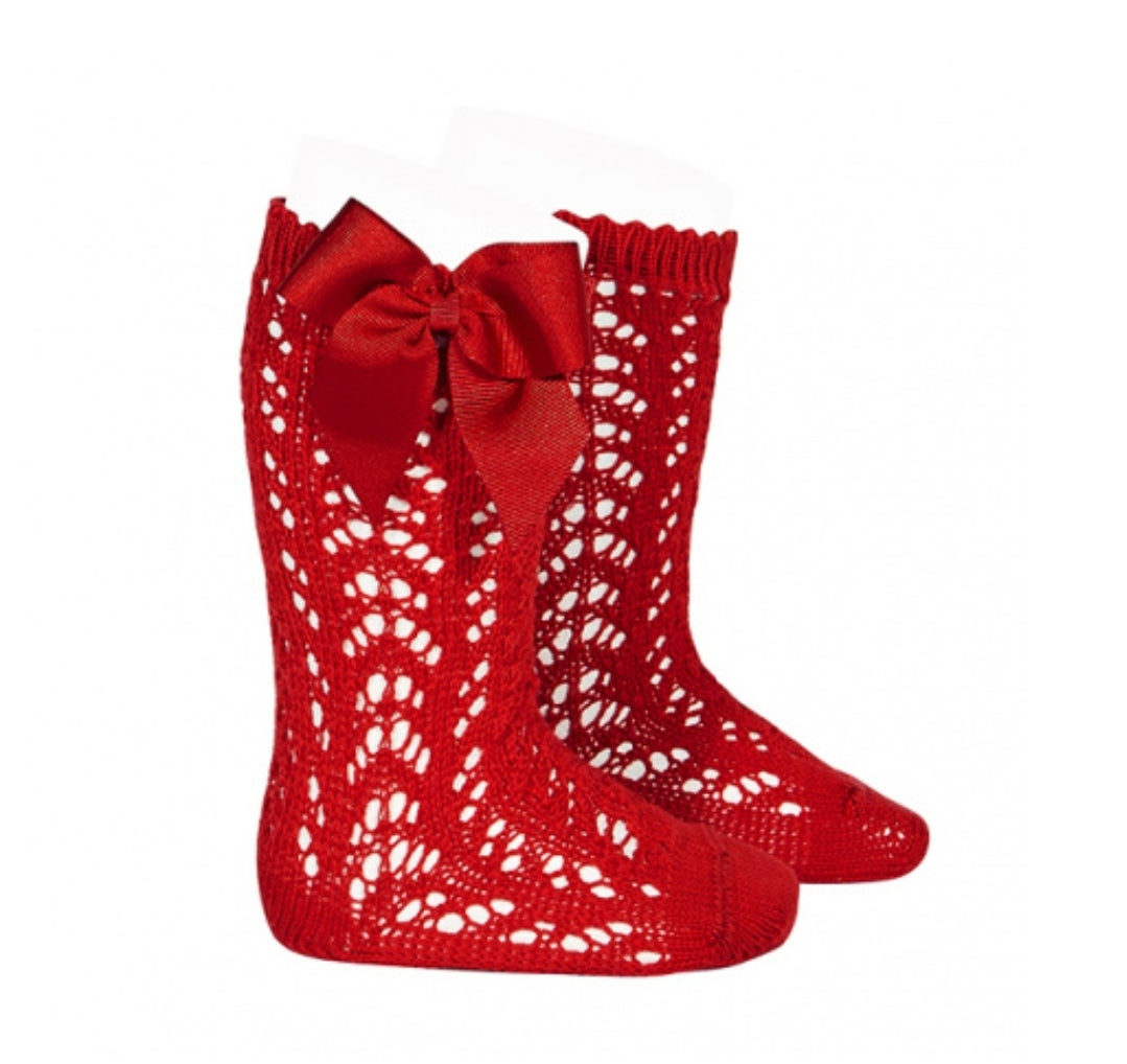 Condor Spanish Girls Cotton Openwork Knee High Bow Socks - RED 550