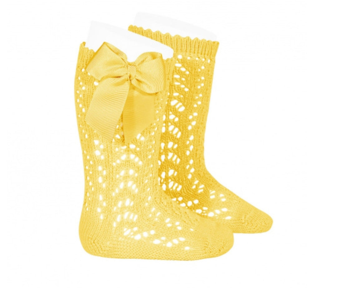 Condor Spanish Girls Cotton Openwork Knee High Bow Socks - LIMONCELLO 631