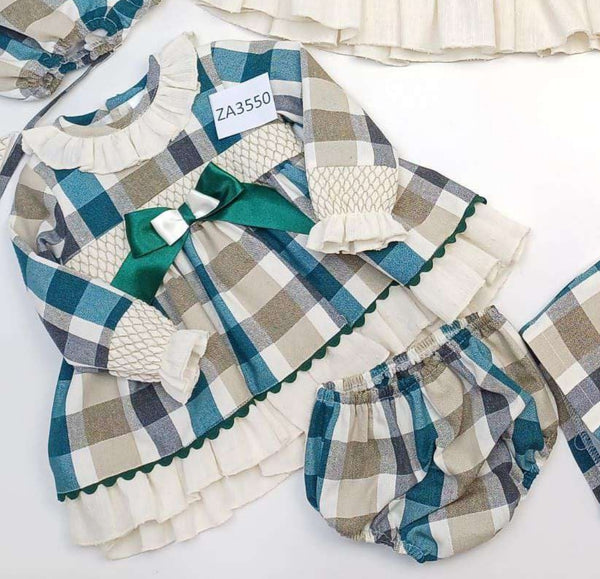 Ceyber AW24 Spanish Baby Girls Green Check Dress ZA3550