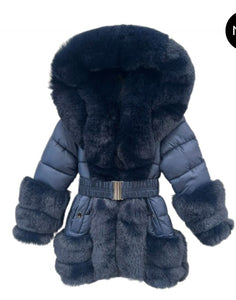 Older Girls AW24 Hooded Fur Puffer Jacket / Coat- Navy