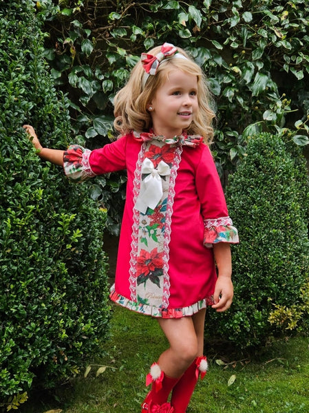 Sonata Infantil Spanish Girls Red Velvet & Poinsetta A-Line Christmas Dress IN2361 - MADE TO ORDER