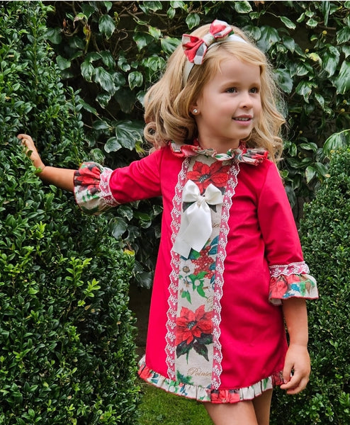 Sonata Infantil Spanish Girls Red Velvet & Poinsetta A-Line Christmas Dress IN2361 - MADE TO ORDER