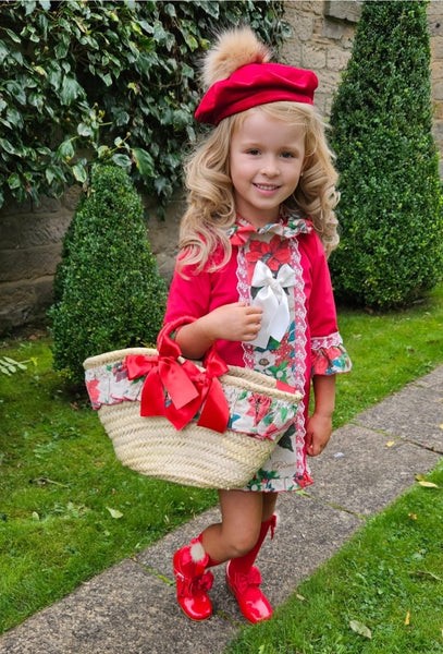 Sonata Infantil Spanish Girls Red Velvet & Poinsetta A-Line Christmas Dress IN2361 - MADE TO ORDER