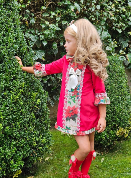 Sonata Infantil Spanish Girls Red Velvet & Poinsetta A-Line Christmas Dress IN2361 - MADE TO ORDER