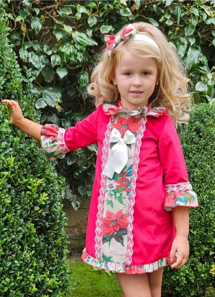 Sonata Infantil Spanish Girls Red Velvet & Poinsetta A-Line Christmas Dress IN2361 - MADE TO ORDER