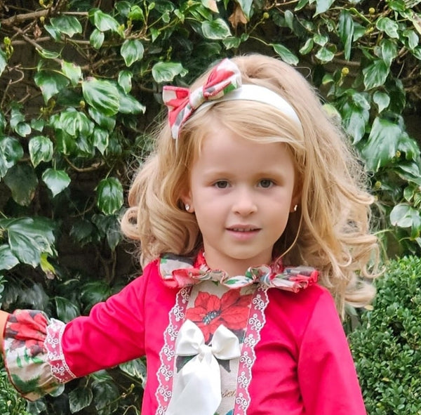 Sonata Infantil Spanish Girls Red Velvet & Poinsetta A-Line Christmas Dress IN2361 - MADE TO ORDER