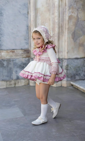 Ela Confeccion AW24 Spanish Girls Pink Lace Puffball Dress Set - MADE TO ORDER