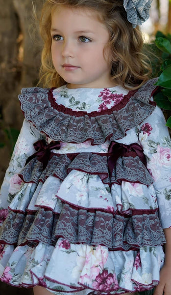 Ela Confeccion AW24 Spanish Girls Wine Floral Dress - MADE TO ORDER