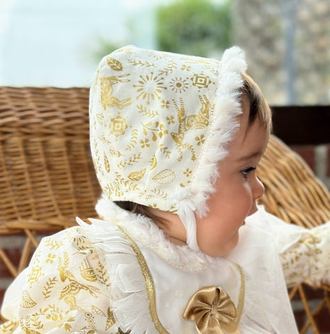 Sonata Infantil AW24 Spanish Girls Cream & Gold Christmas Bonnet - MADE TO ORDER