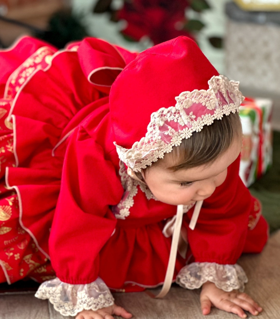 Sonata Infantil AW24 Spanish Girls Red Lace Christmas Bonnet - MADE TO ORDER