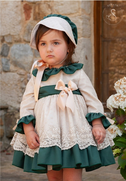 Sonata Infantil Spanish Girls Cream & Green Orla Puffball Dress IN9 - MADE TO ORDER