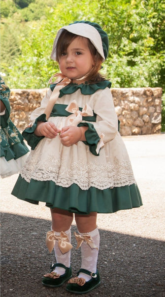 Sonata Infantil Spanish Girls Cream & Green Orla Puffball Dress IN9 - MADE TO ORDER