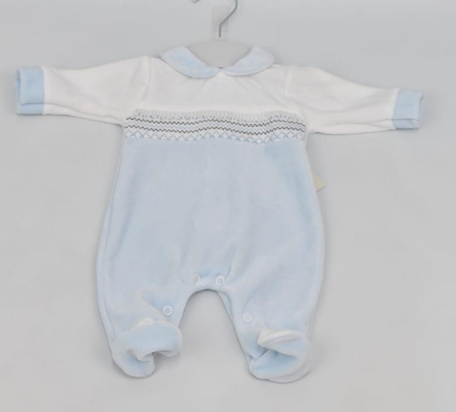 Traditional Baby Boys White & Blue Smocked Velour Sleepsuit/Babygrow ~ NB-6M