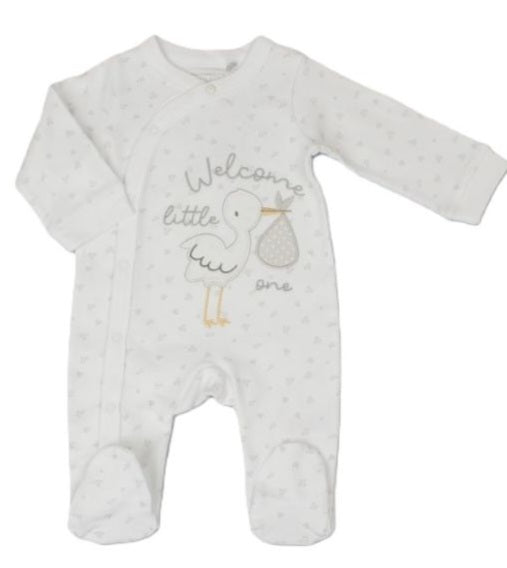 Traditional Unisex Baby White Stork Sleepsuit / Babygrow