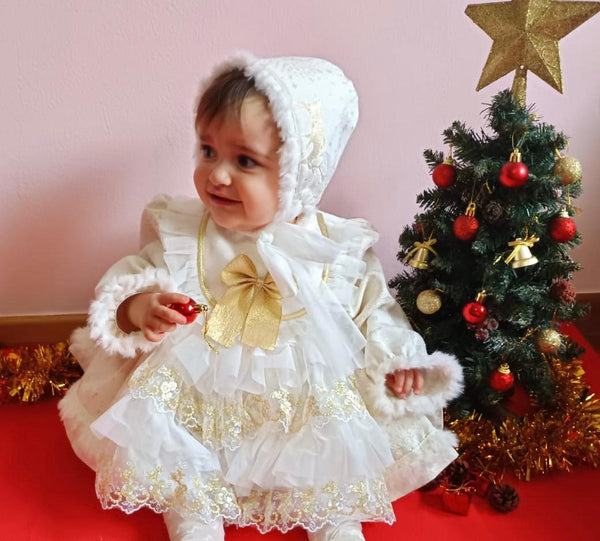 Sonata AW24 Spanish Girls Cream & Gold Reindeer Christmas Dress NA2404 - MADE TO ORDER