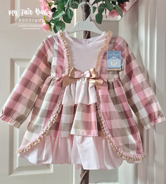 Ceyber AW24 Spanish Older Girls Pink & Gold Check Ruffled Dress ZA1119