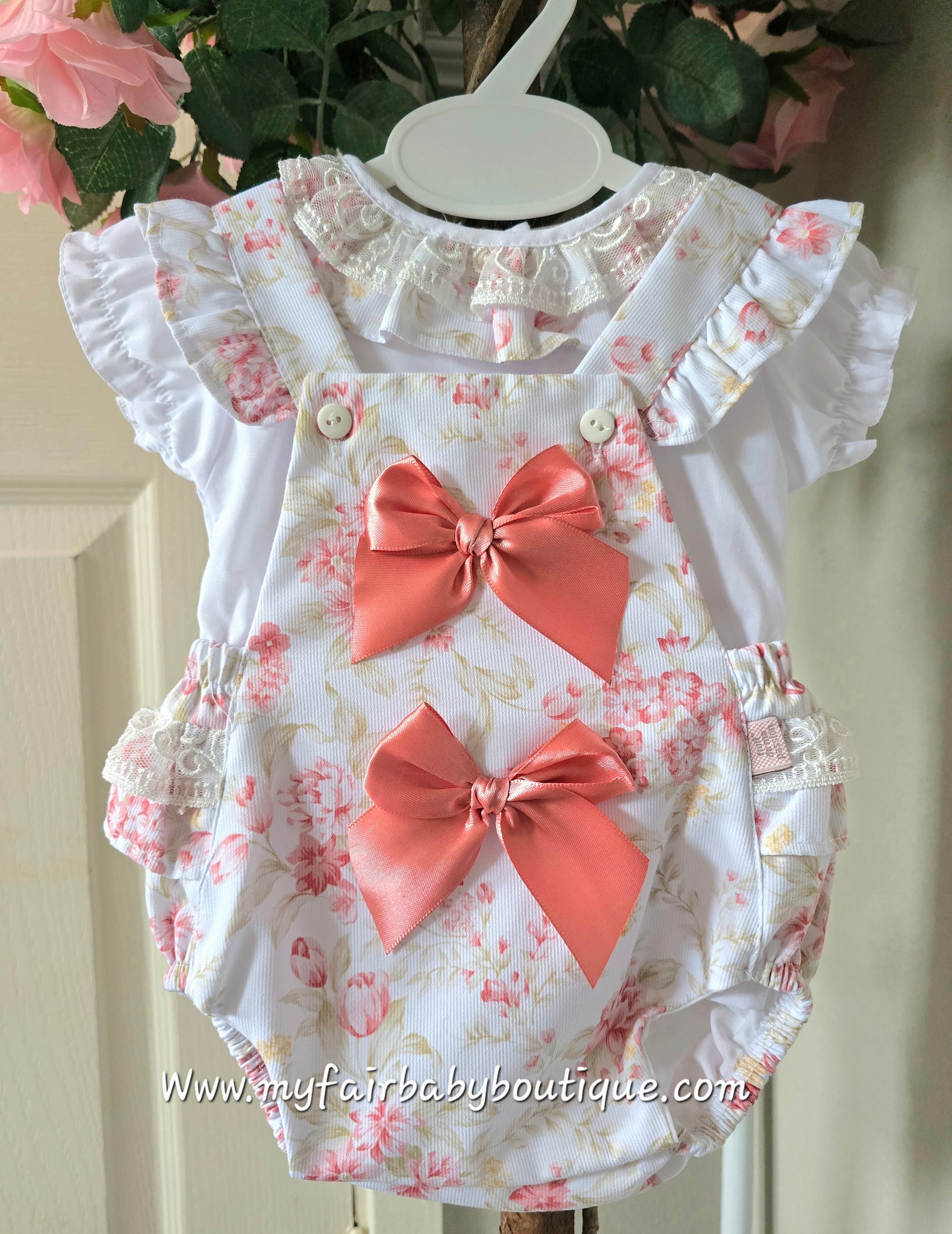 Spanish Baby Girls White & Pink Floral Romper Set ~ 3-36m