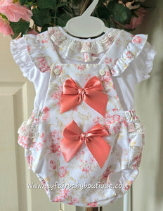 Spanish Baby Girls White & Pink Floral Romper Set ~ 3-36m