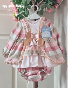 Ceyber AW24 Spanish Baby Girls Pink & Gold Check Ruffled Dress ZA1110