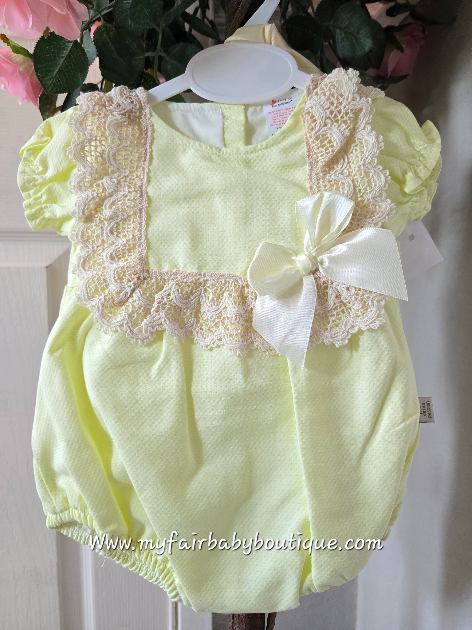 Spanish Baby Girls Lemon & Beige Lace Romper & Bonnet M002 ~ 3-36m