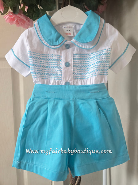 Spanish Boys Traditional Aqua Smocked Short Set 1225 ~ 0-4y