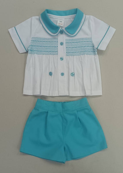 Spanish Boys Traditional Aqua Smocked Short Set 1225 ~ 0-4y