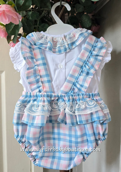 Spanish Baby Girls Blue & Pink Check Romper M002 ~ 3-36m