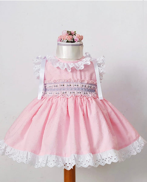 Sonata Infantil Spanish Girls Pink & Blue Plumetti Smocked Puffball Dress MOD322 - MADE TO ORDER