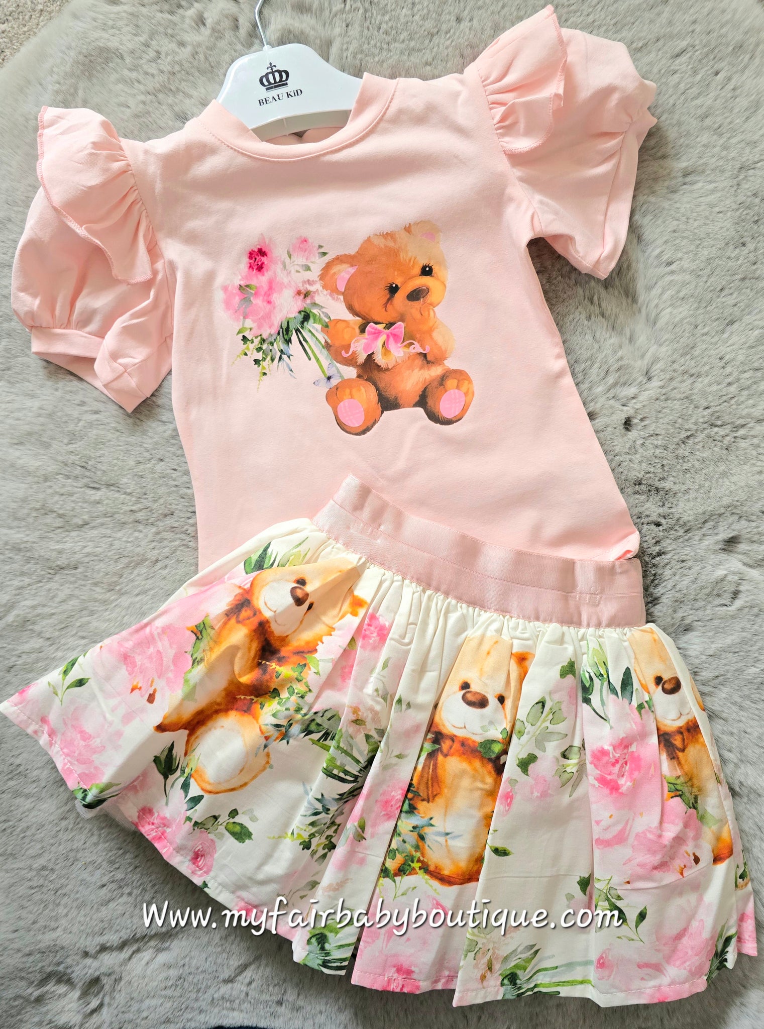 Beau Kid Traditional Girls Pink Teddy Bear Skirt Set ~ 2-8y