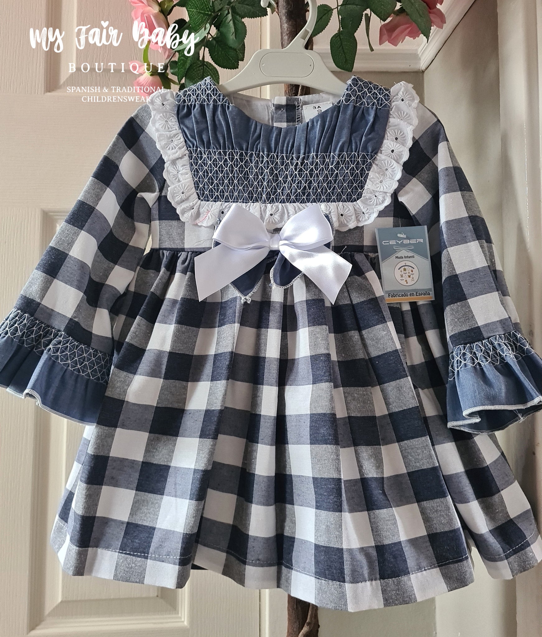 Ceyber AW24 Spanish Older Girls Navy Check Dress With Smocking ZA4999