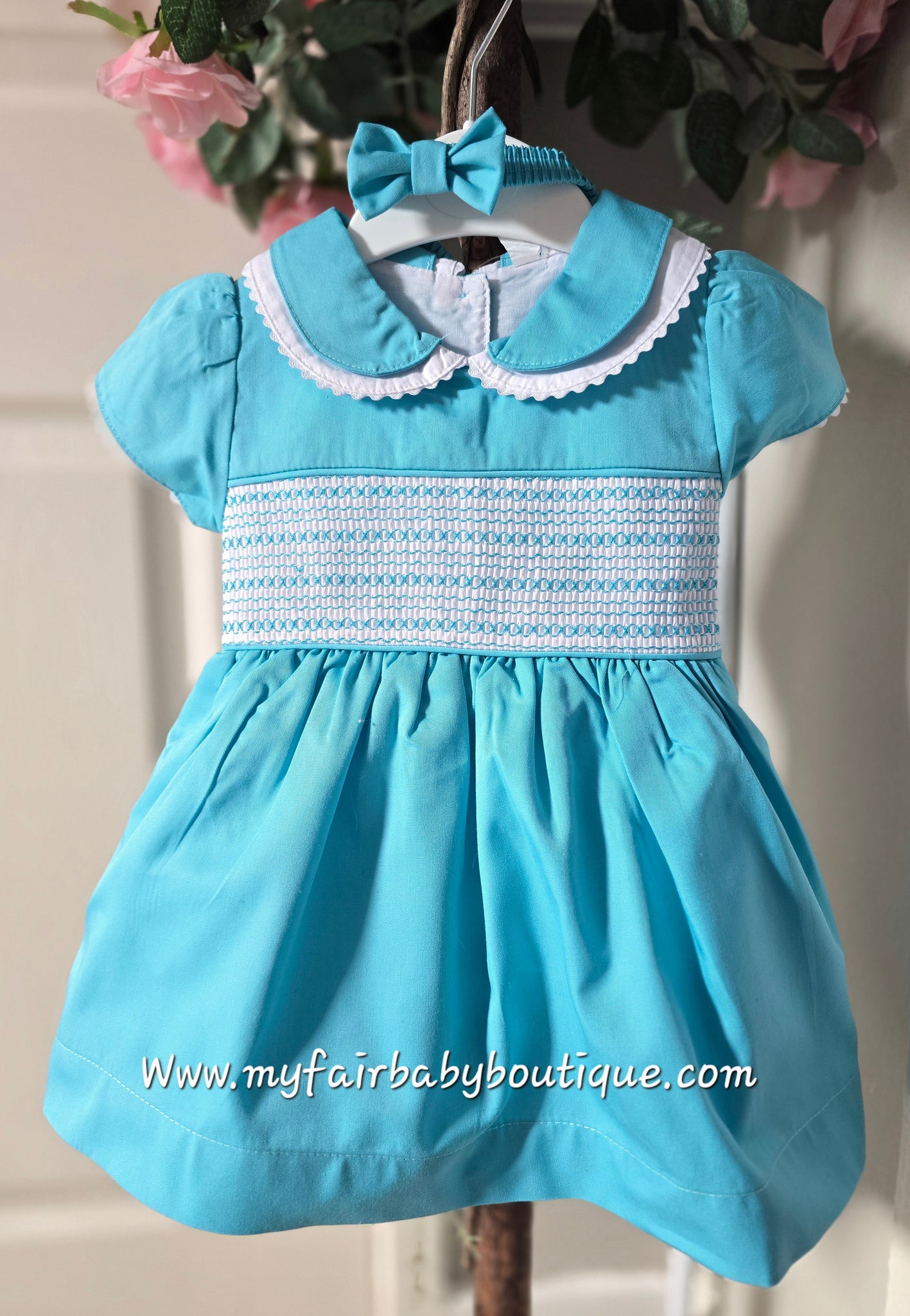 Spanish Girls Aqua Smocked Dress, Pants & Headband 1125 ~ 6m-6y