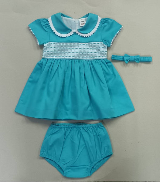 Spanish Girls Aqua Smocked Dress, Pants & Headband 1125 ~ 6m-6y