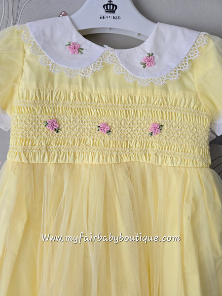 Beau Kid Traditional Girls Lemon Yellow Smocked Dress 55115a - 18m-4y
