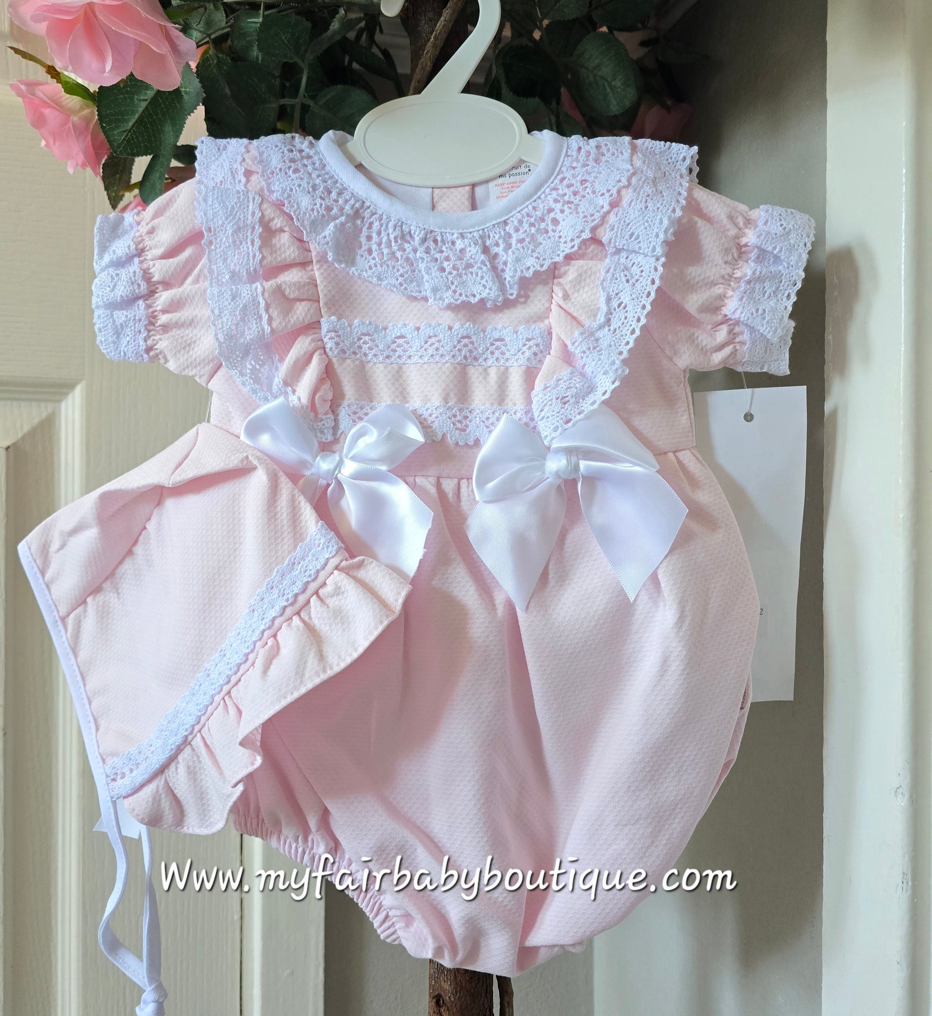 Spanish Baby Girls Pink Waffle Summer Romper & Bonnet Set ~ 6-36m