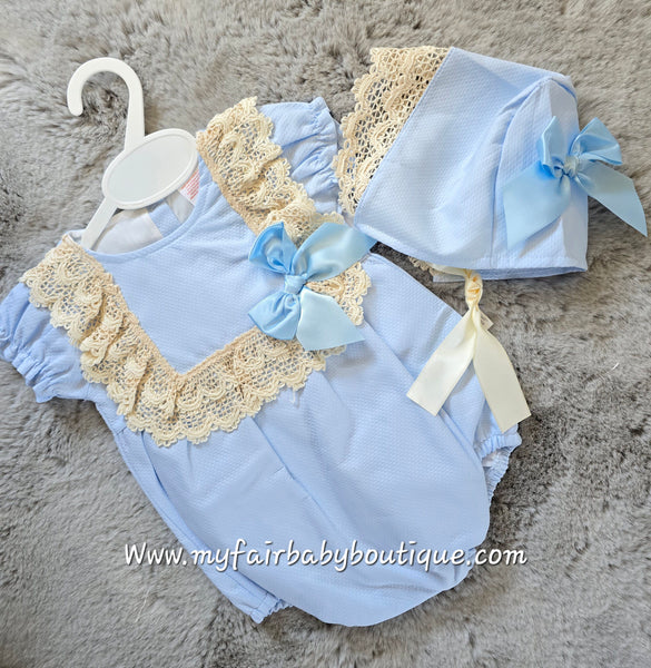 Spanish Baby Girls Blue & Beige Lace Romper & Bonnet M002 ~ 3-36m
