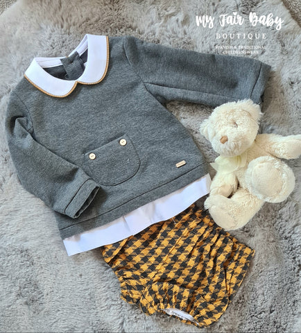 Spanish Baby Boys Grey & Mustard Houndstooth Jam Pant Set Y1018 ~ 12-24m